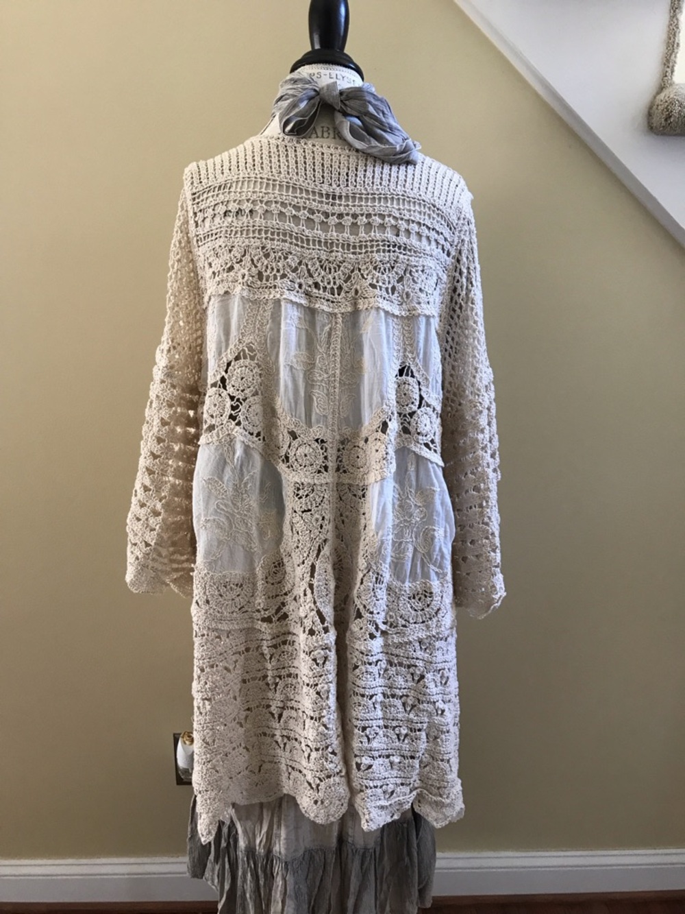 POL NWT Kimono Cardigan Natural Crocheted Cream Lace Denim One Size Fits Most - Picture 2 of 3